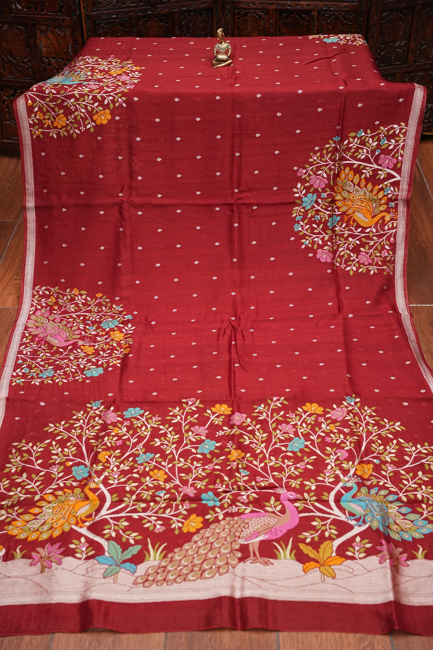 Tussar Banarasi Raw Silk Saree with Floral Paithani Weaves – Maroon