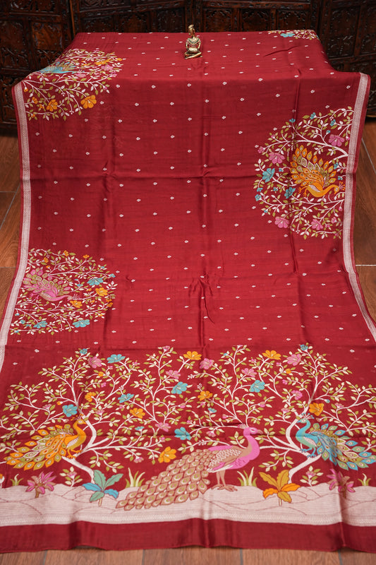 Tussar Banarasi Raw Silk Saree with Floral Paithani Weaves – Maroon