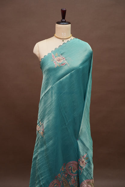 Teal Blue Glass Tissue Organza Designer Party Wear Saree