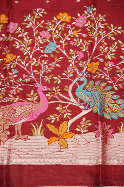Tussar Banarasi Raw Silk Saree with Floral Paithani Weaves – Maroon