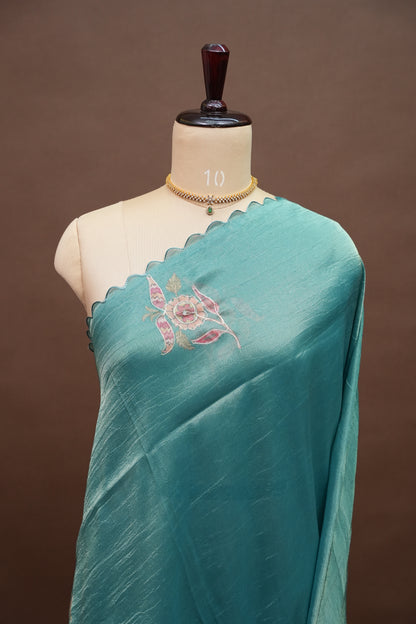Teal Blue Glass Tissue Organza Designer Party Wear Saree