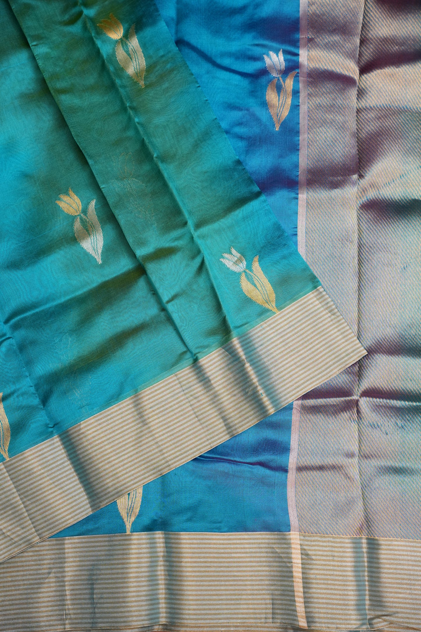 Pure Chanderi Silk Saree with Zari Buttas & Tissue Border - Dual Tone Blue