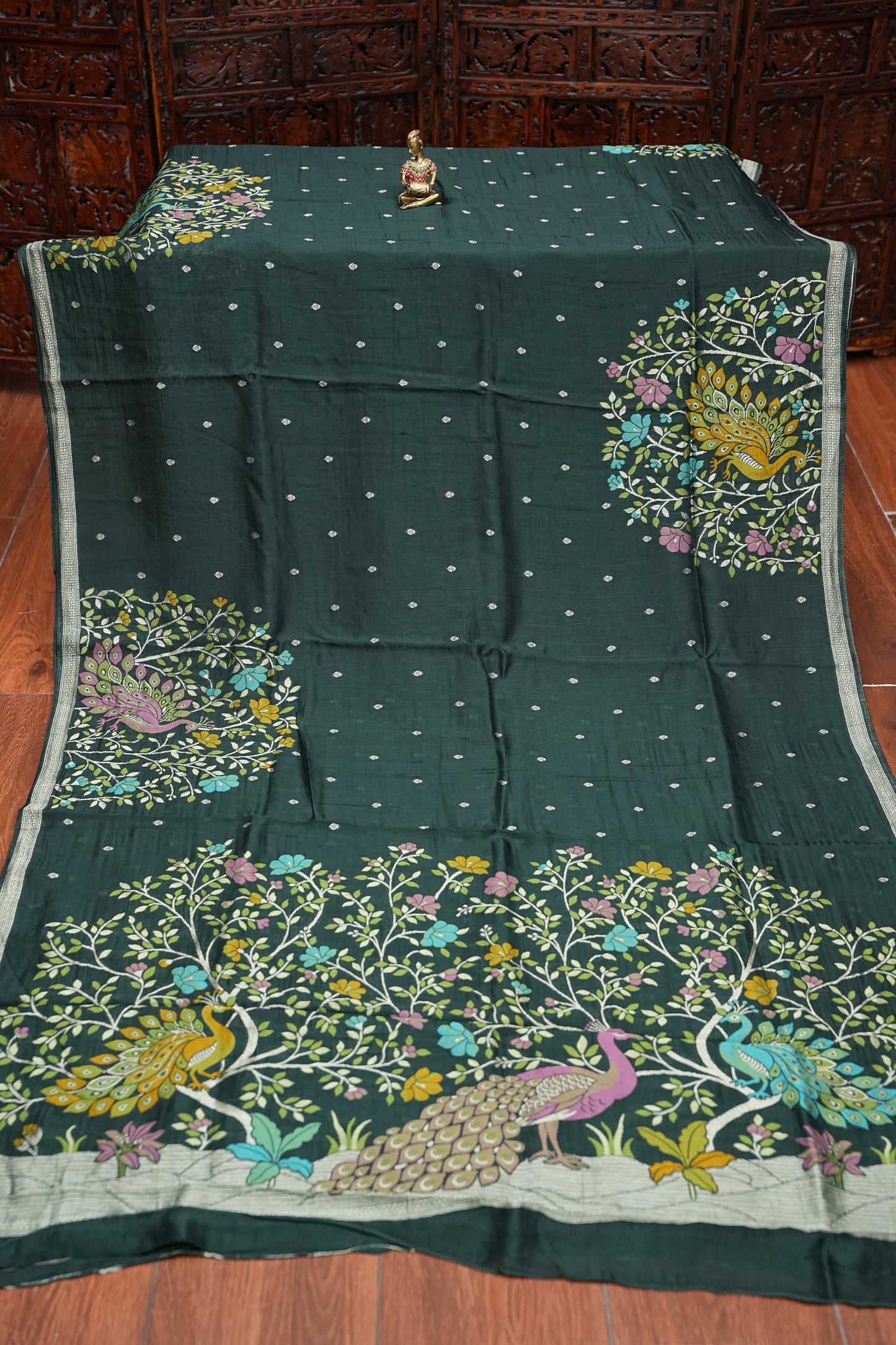 Tussar Banarasi Raw Silk Saree with Floral Zari Butta Weaving – Bottle Green