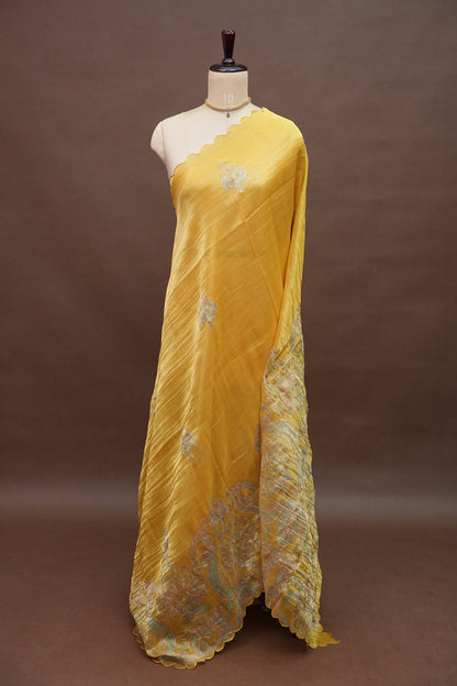 Golden Yellow Glass Tissue Organza Designer Party Wear Saree