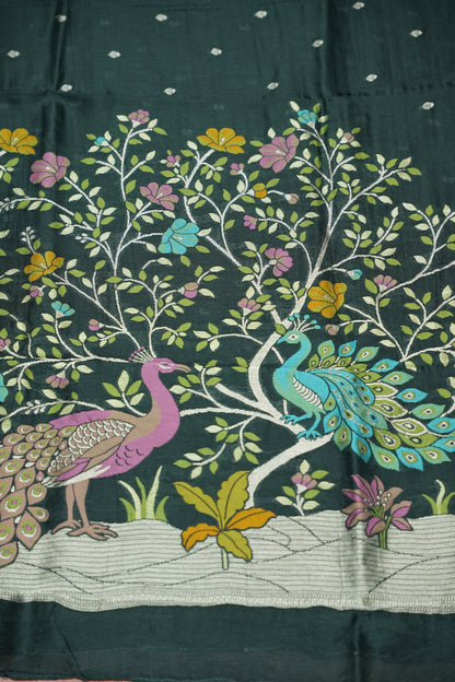 Tussar Banarasi Raw Silk Saree with Floral Zari Butta Weaving – Bottle Green