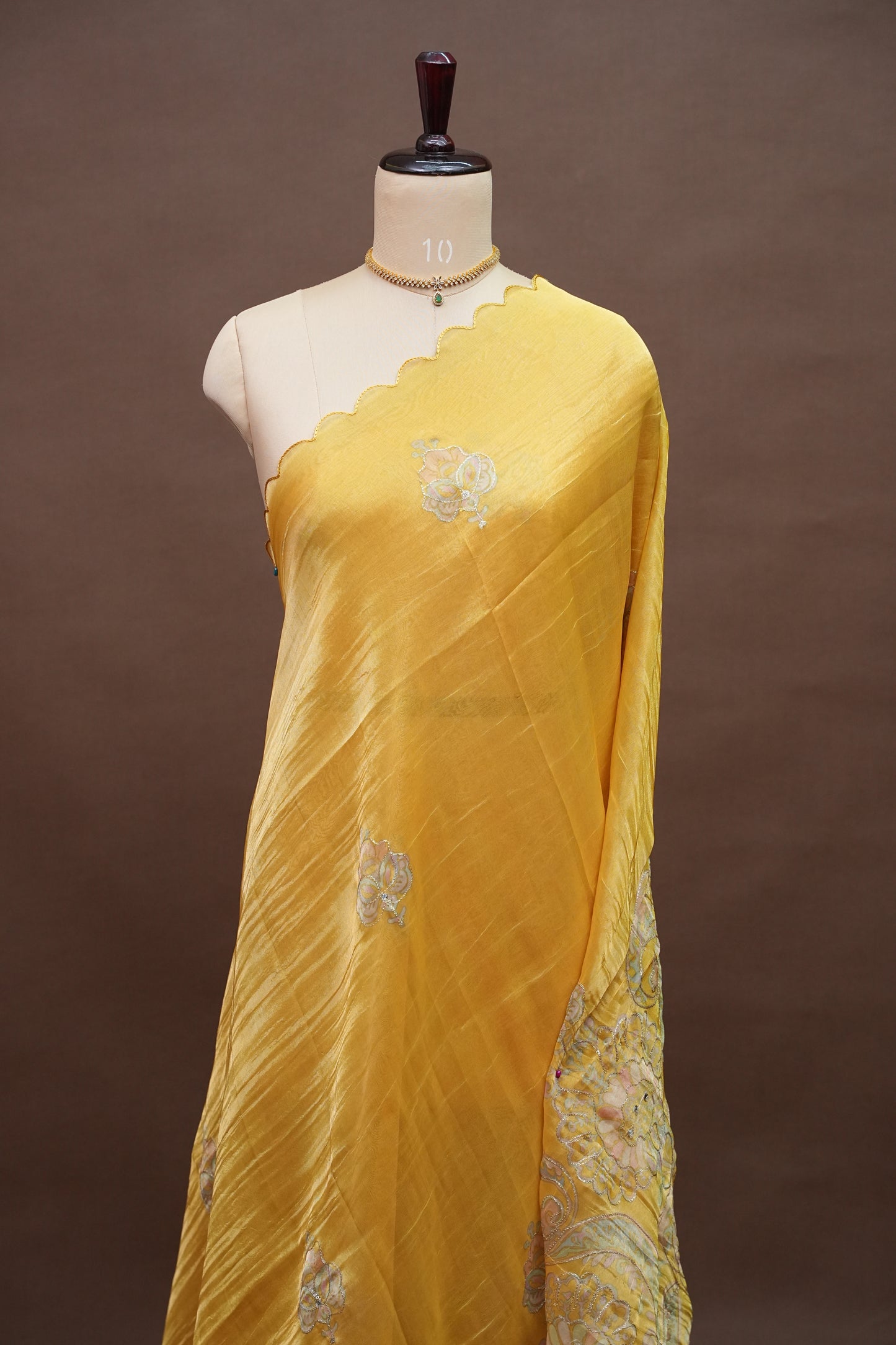 Golden Yellow Glass Tissue Organza Designer Party Wear Saree