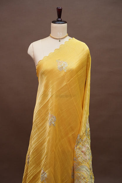 Golden Yellow Glass Tissue Organza Designer Party Wear Saree