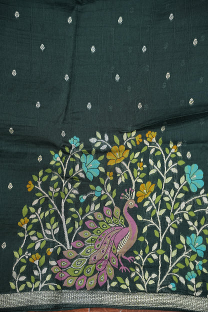 Tussar Banarasi Raw Silk Saree with Floral Zari Butta Weaving – Bottle Green