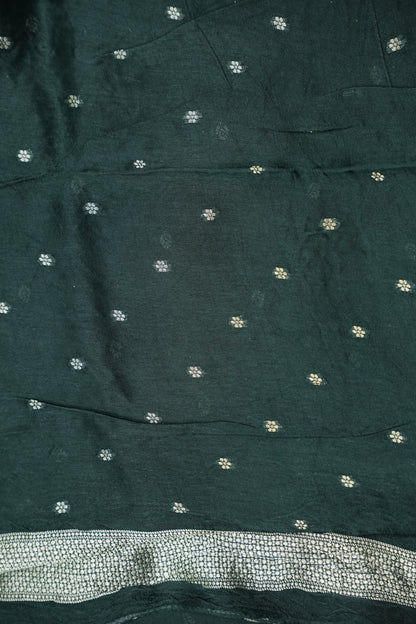 Tussar Banarasi Raw Silk Saree with Floral Zari Butta Weaving – Bottle Green