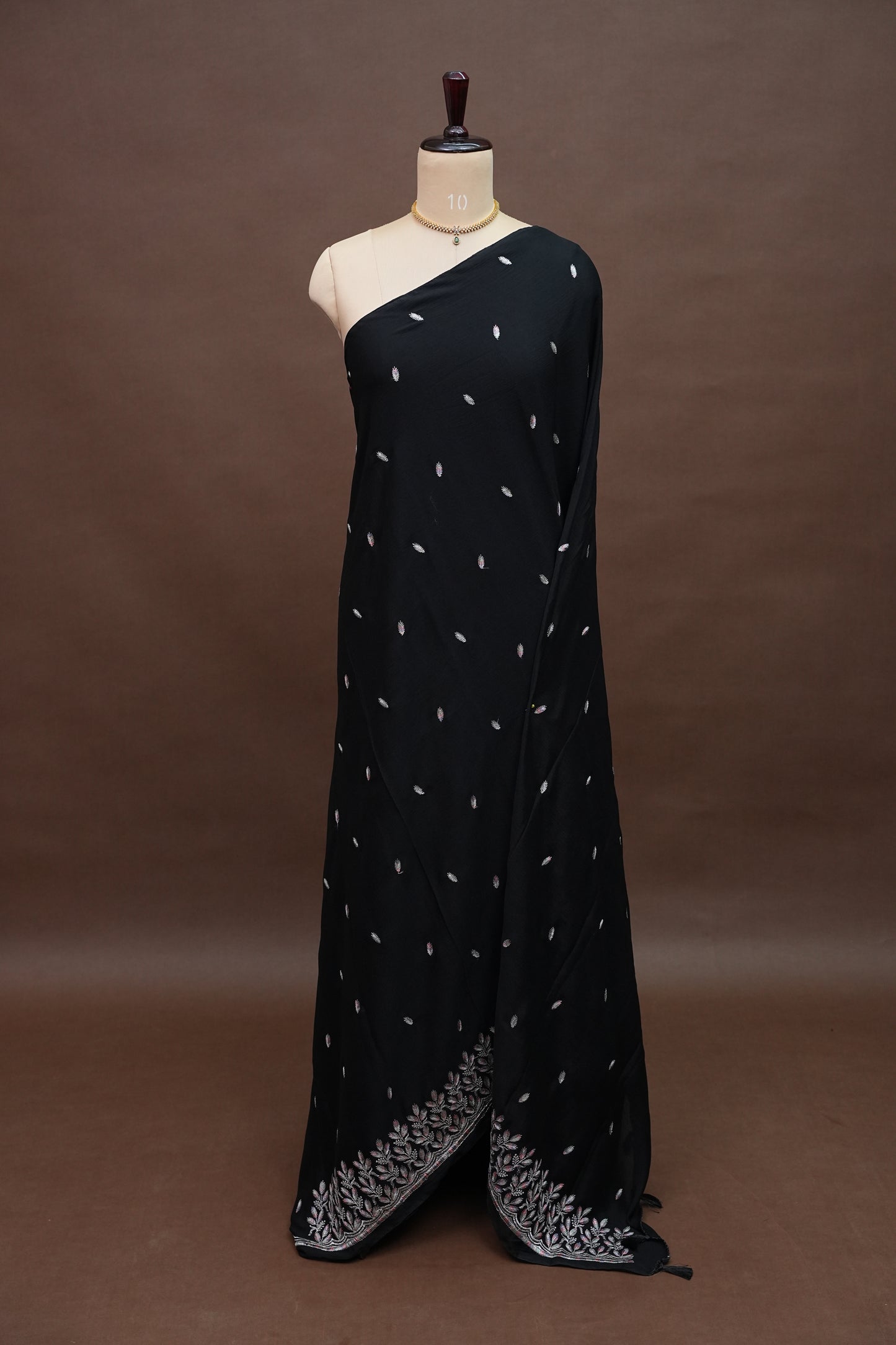Black Turkey Chiffon Saree with Silver Woven Buttas & Embroidered Border