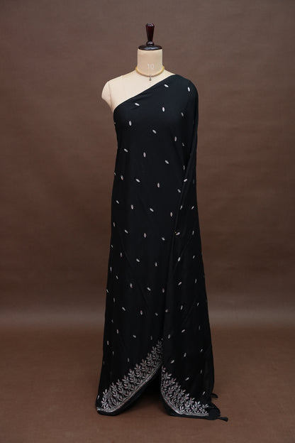 Black Turkey Chiffon Saree with Silver Woven Buttas & Embroidered Border
