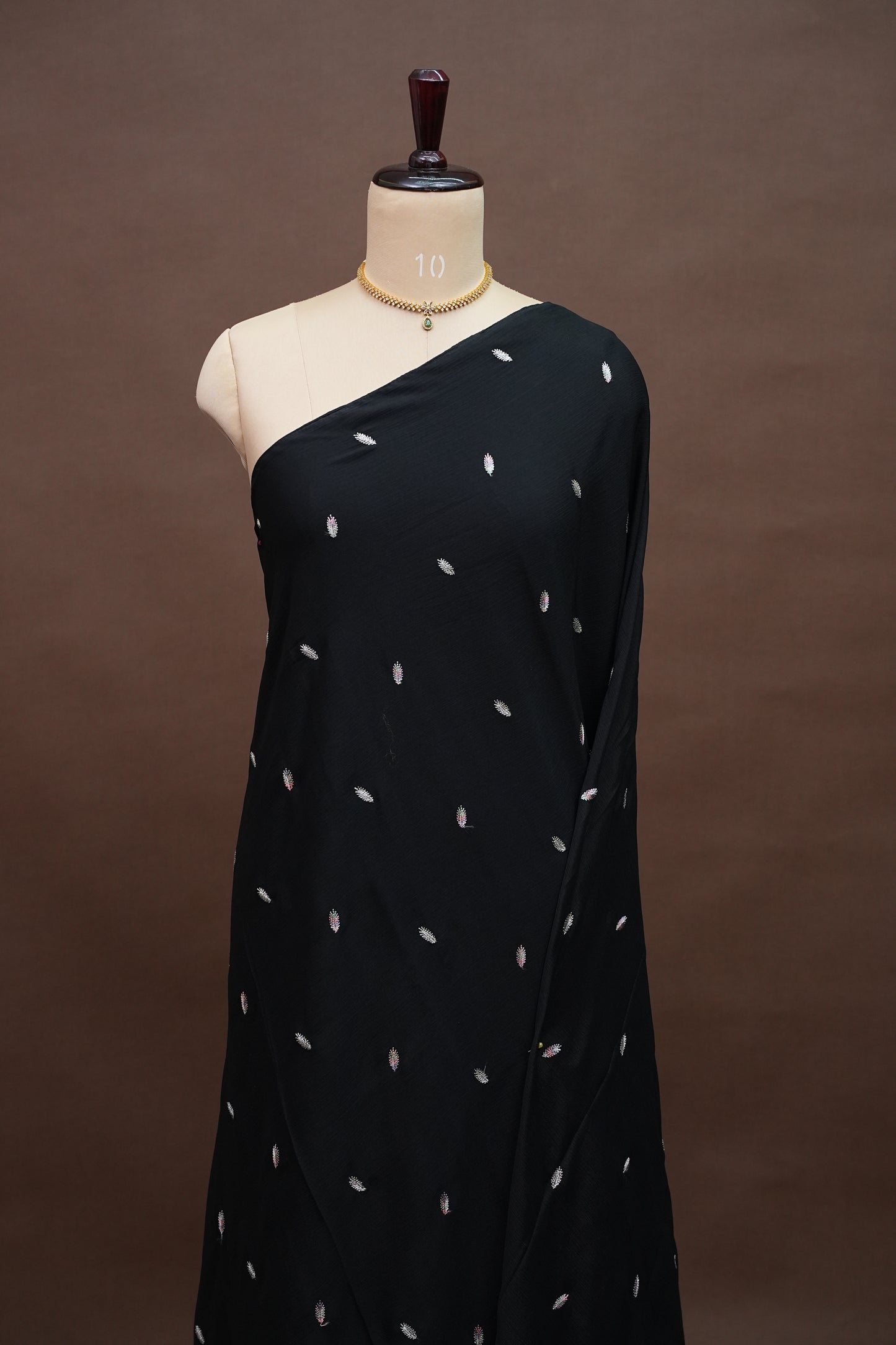 Classic Black Turkey Chiffon Saree with Delicate Leaf Embroidery