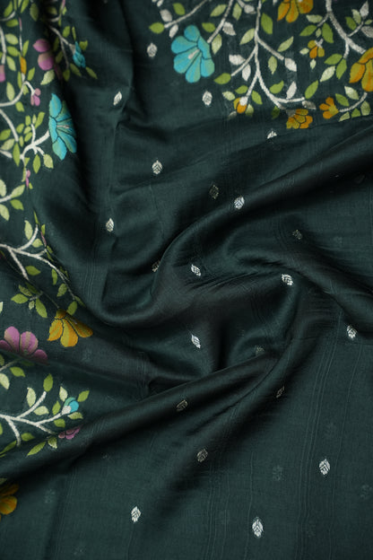 Tussar Banarasi Raw Silk Saree with Floral Zari Butta Weaving – Bottle Green