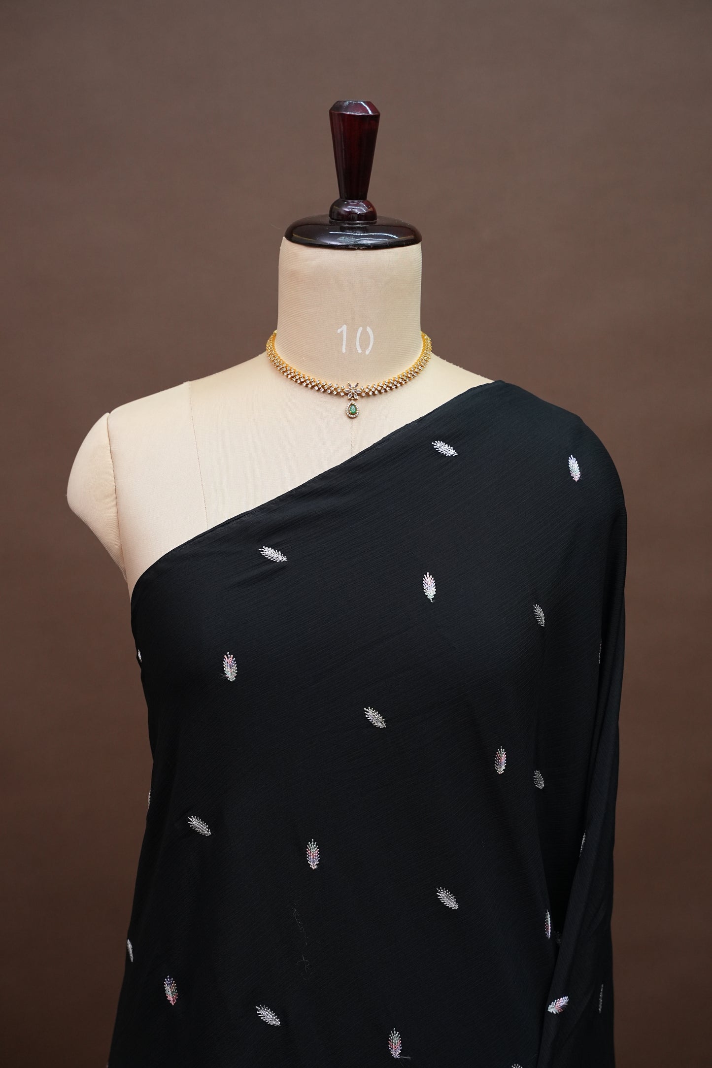 Classic Black Turkey Chiffon Saree with Delicate Leaf Embroidery