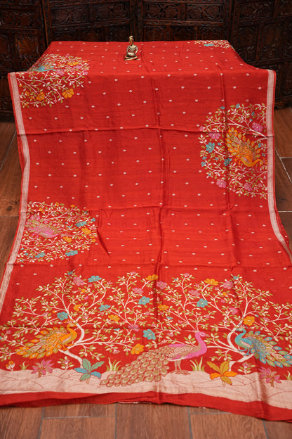 Tussar Banarasi Raw Silk Saree with Floral Paithani Weaves – Rust Orange