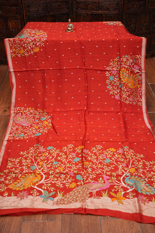 Tussar Banarasi Raw Silk Saree with Floral Paithani Weaves – Rust Orange