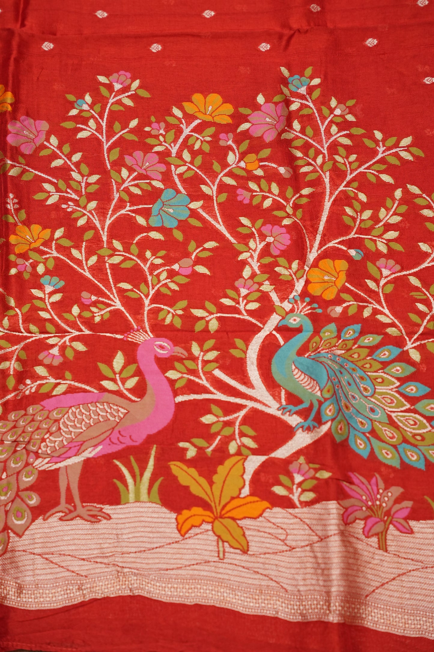 Tussar Banarasi Raw Silk Saree with Floral Paithani Weaves – Rust Orange