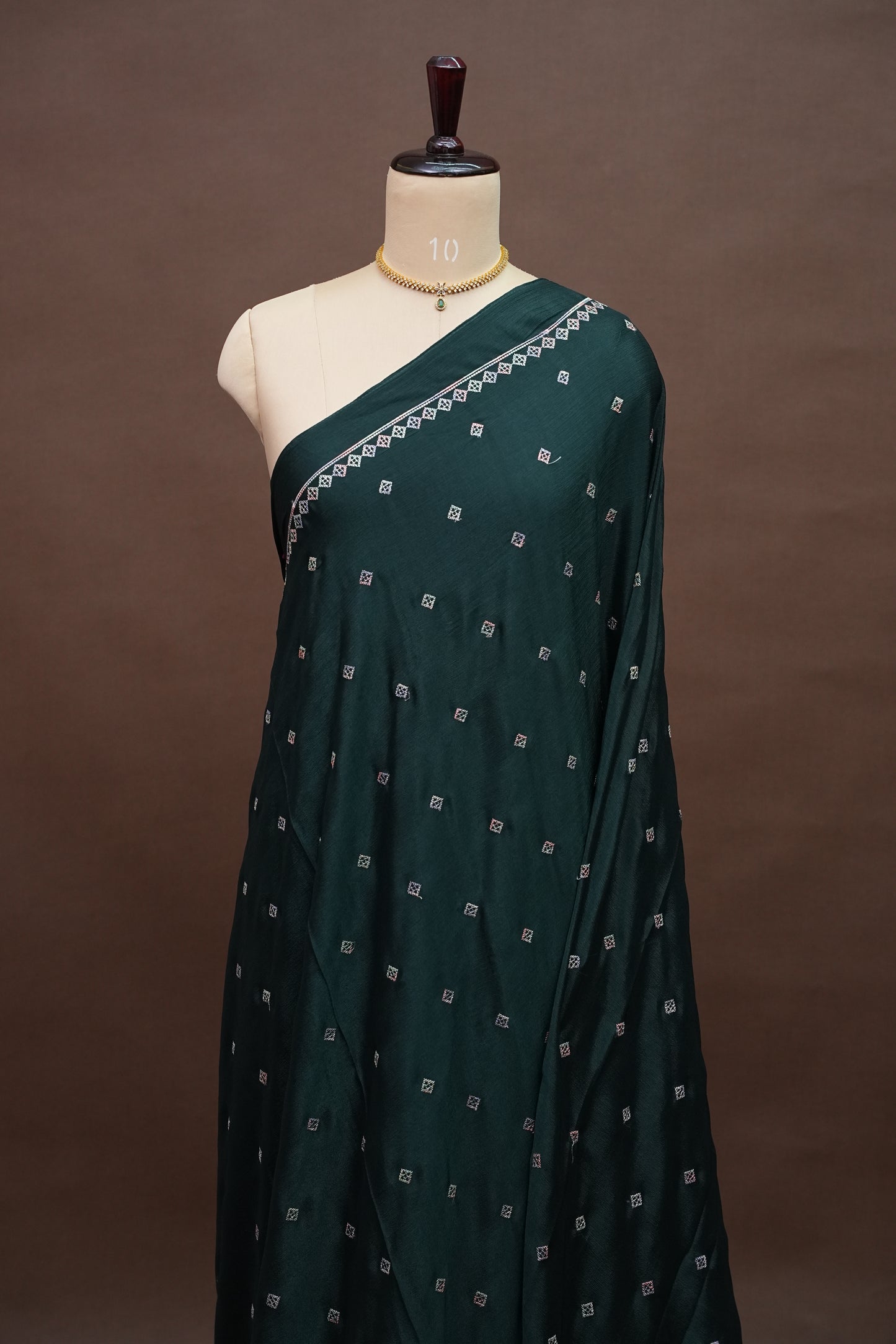 Dark Bottle Green Turkey Chiffon Saree with Woven Floral Border