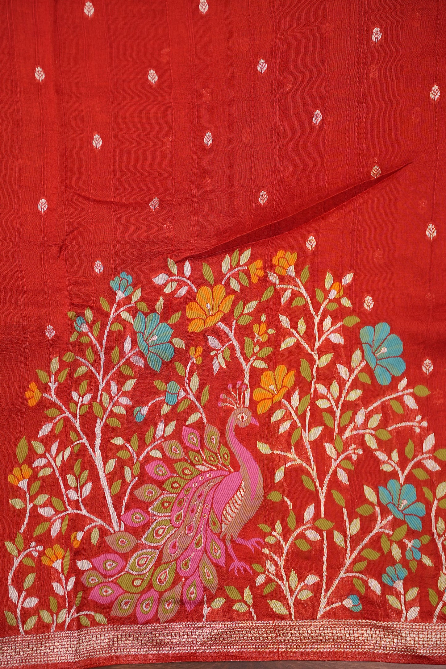 Tussar Banarasi Raw Silk Saree with Floral Paithani Weaves – Rust Orange