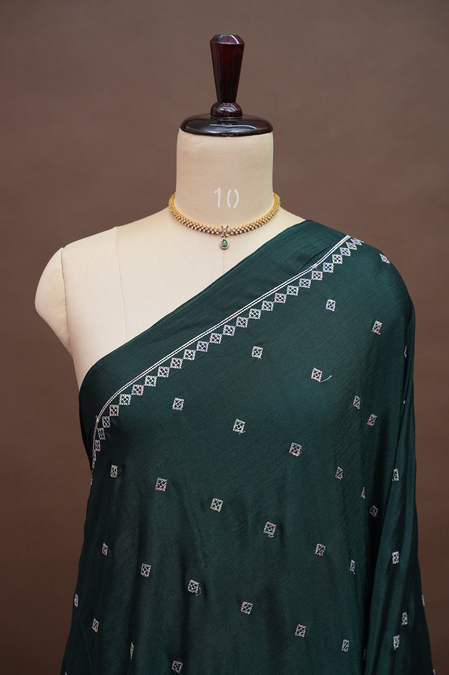 Dark Bottle Green Turkey Chiffon Saree with Woven Floral Border