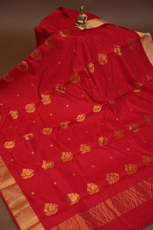 Pure Chanderi Silk Saree with Zari Buttas & Tissue Border - Red