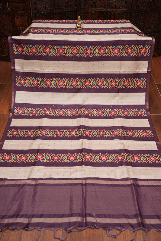 Semi Raw Silk Saree with Patola Prints & Striped Design – Deep Maroon