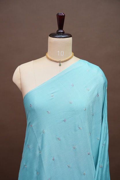 Sky Blue Turkey Chiffon Saree with Floral Embroidered Border