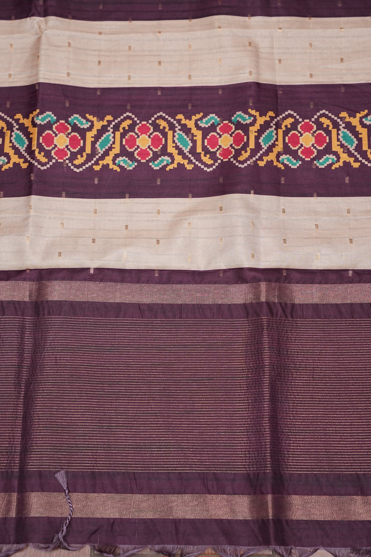 Semi Raw Silk Saree with Patola Prints & Striped Design – Deep Maroon