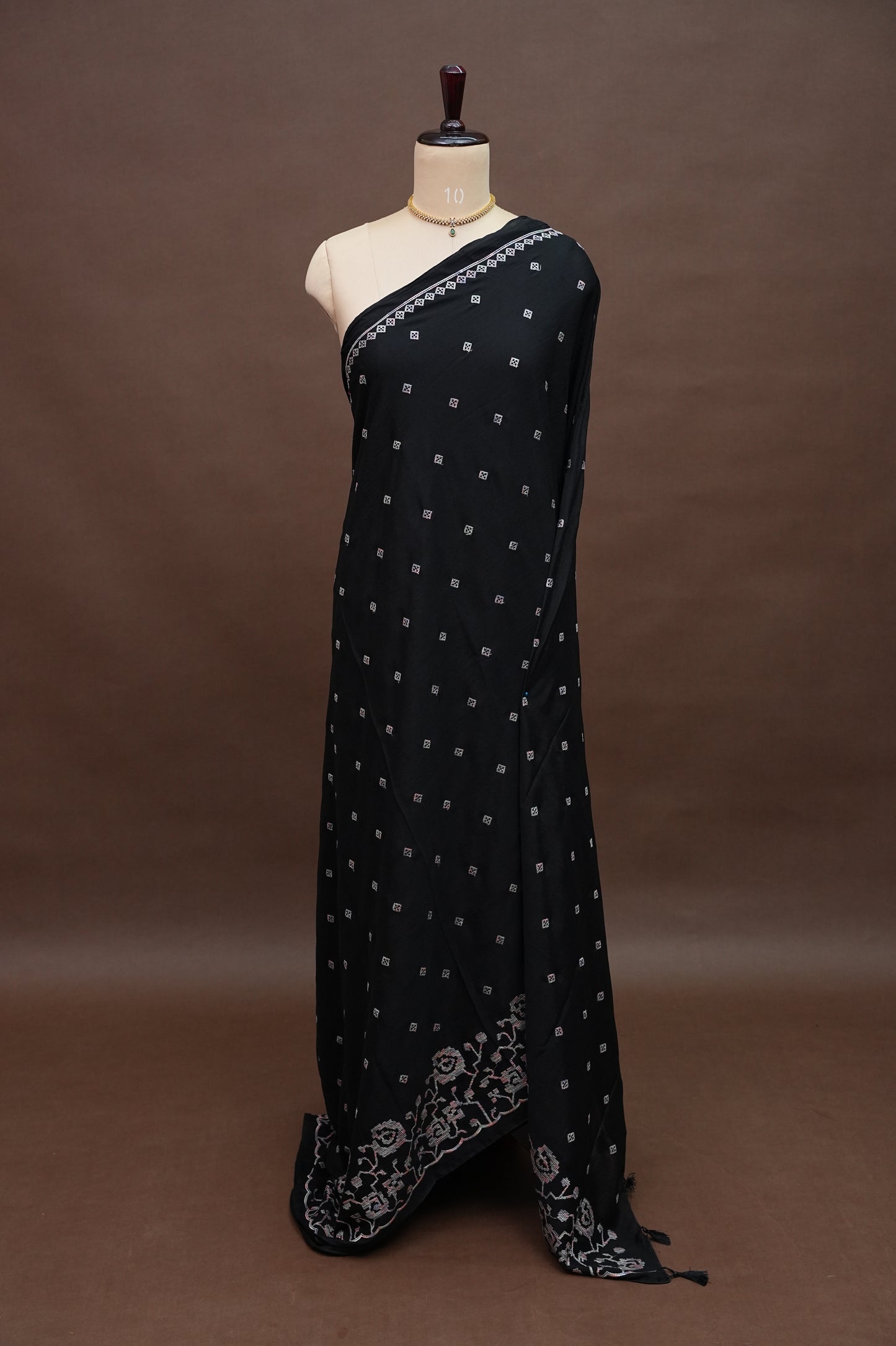 Black Turkey Chiffon Saree with Floral Embroidered Border