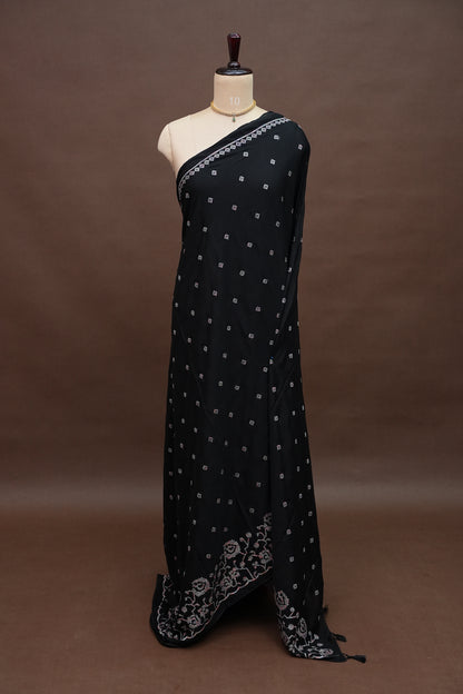 Black Turkey Chiffon Saree with Floral Embroidered Border