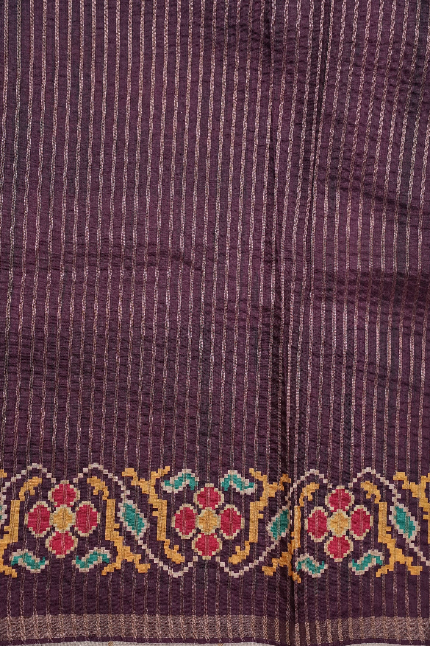 Semi Raw Silk Saree with Patola Prints & Striped Design – Deep Maroon