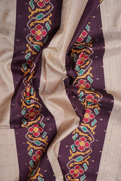 Semi Raw Silk Saree with Patola Prints & Striped Design – Deep Maroon