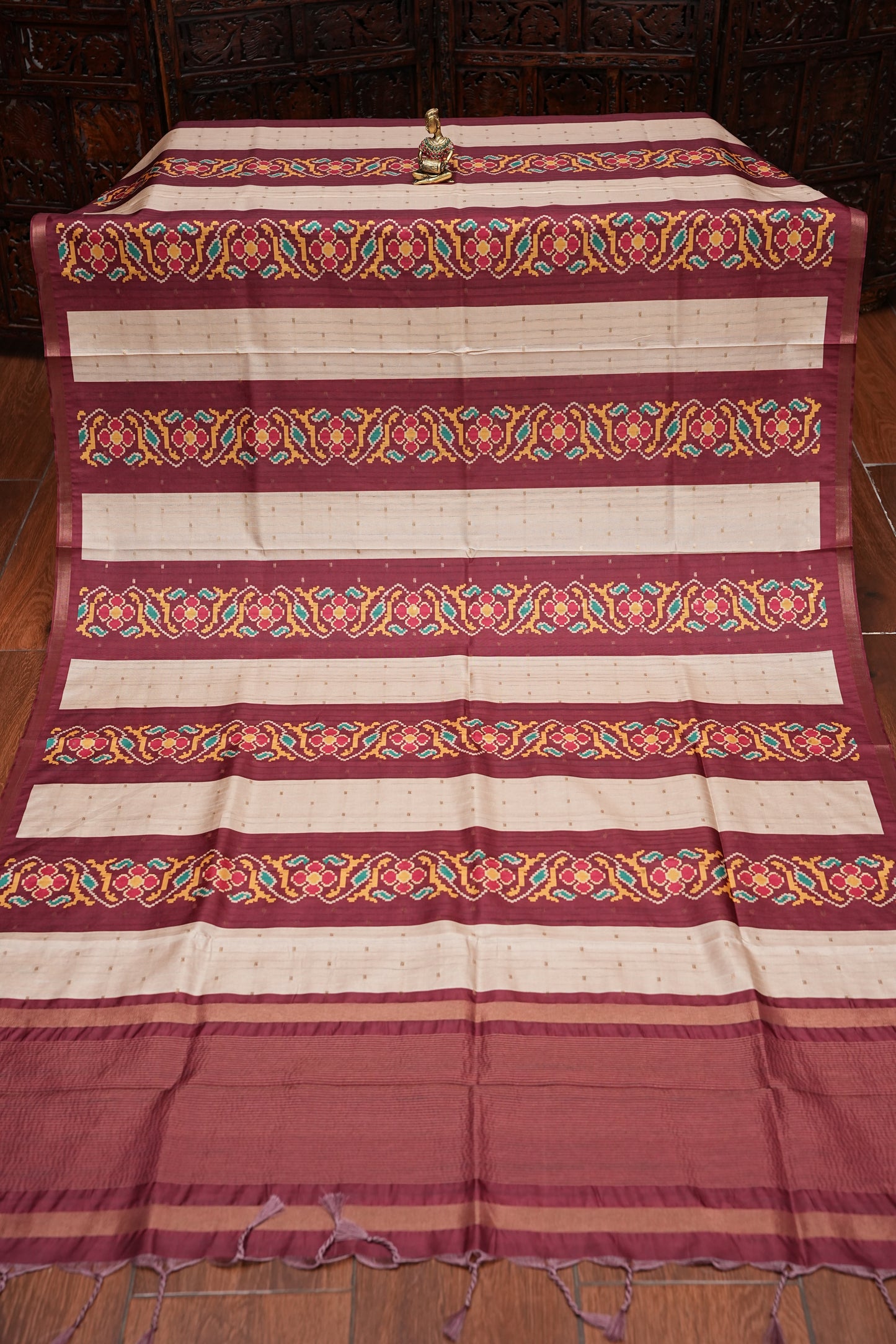 Semi Raw Silk Saree with Patola Prints & Striped Design – Maroon & Beige