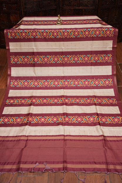 Semi Raw Silk Saree with Patola Prints & Striped Design – Maroon & Beige
