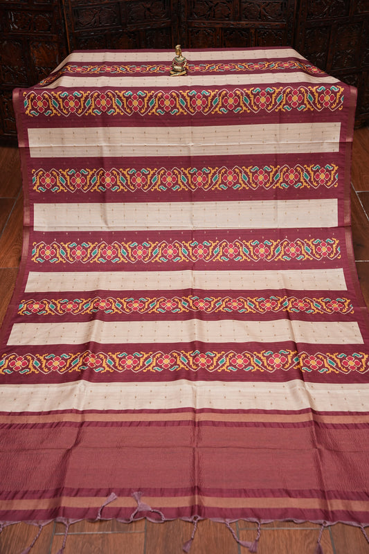 Semi Raw Silk Saree with Patola Prints & Striped Design – Maroon & Beige