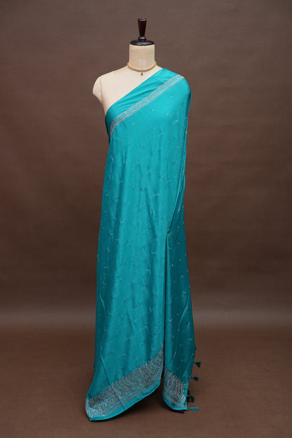 Turquoise Blue Turkey Chiffon Saree with Silver Woven Buttas & Elegant Border
