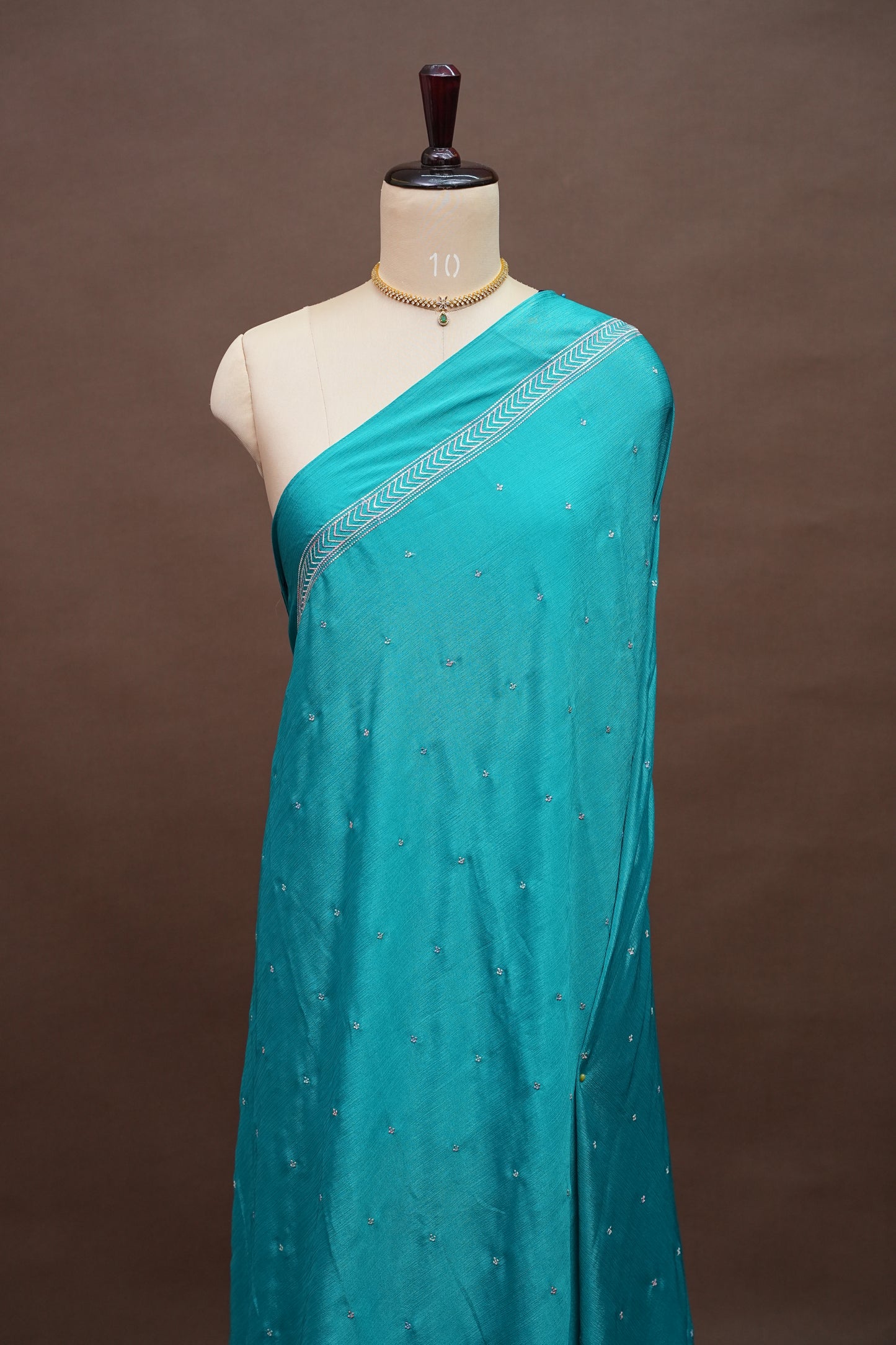 Turquoise Blue Turkey Chiffon Saree with Silver Woven Buttas & Elegant Border