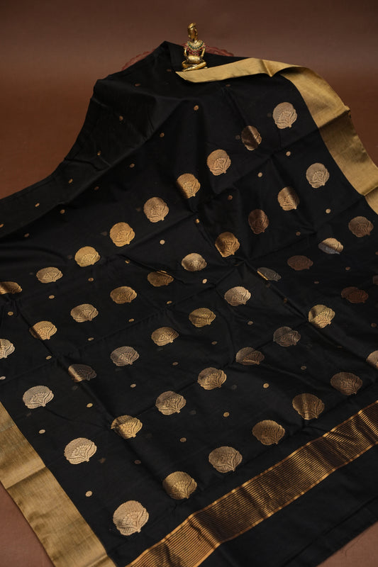 Pure Chanderi Silk Saree with Zari Buttas & Tissue Border - Black