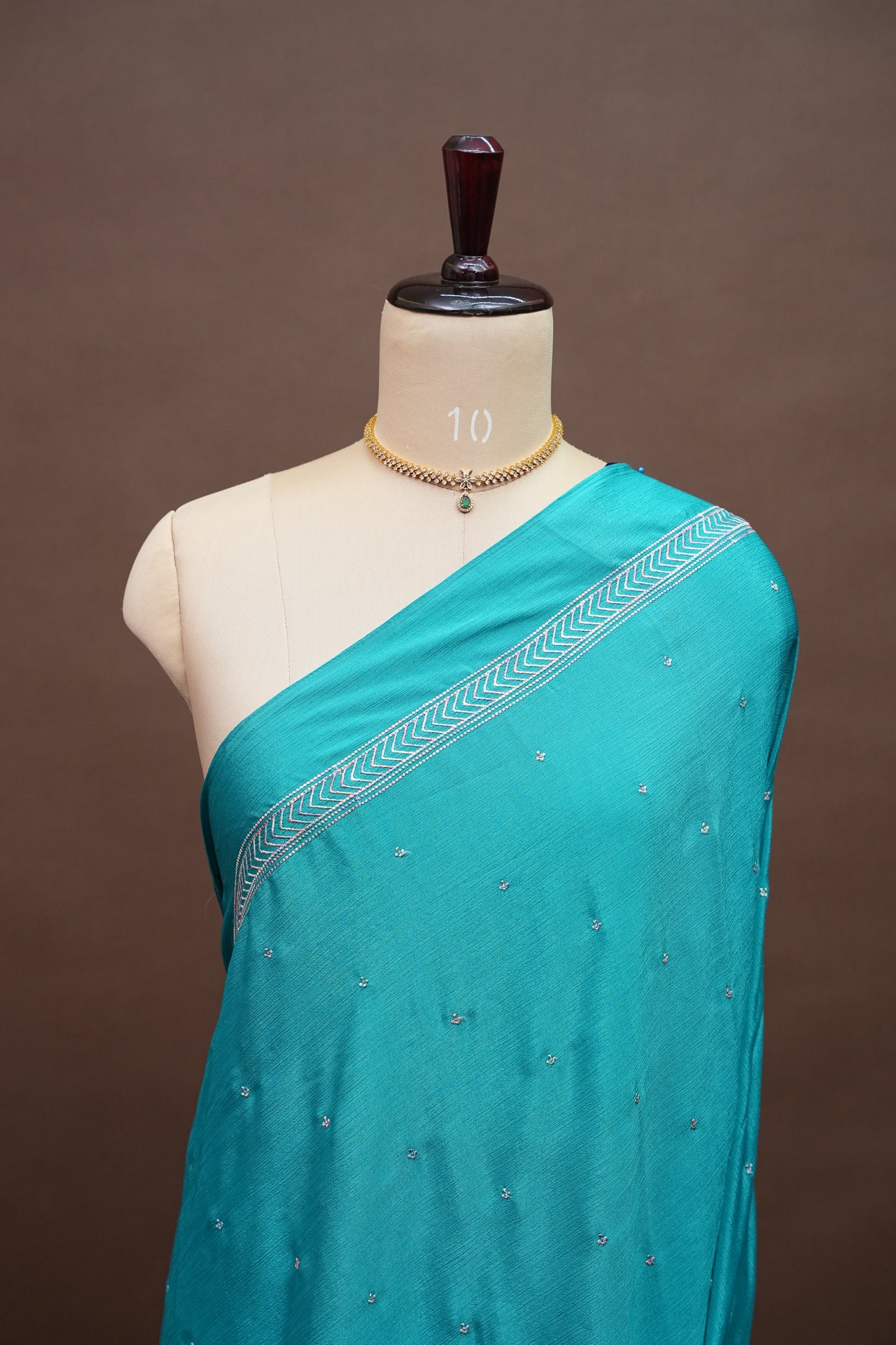Turquoise Blue Turkey Chiffon Saree with Silver Woven Buttas & Elegant Border