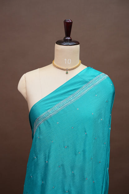 Turquoise Blue Turkey Chiffon Saree with Silver Woven Buttas & Elegant Border
