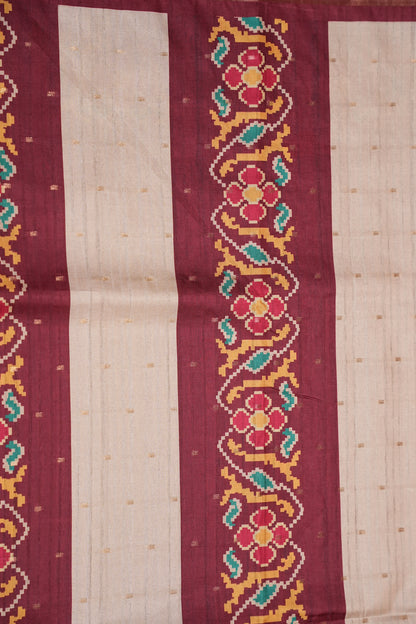 Semi Raw Silk Saree with Patola Prints & Striped Design – Maroon & Beige