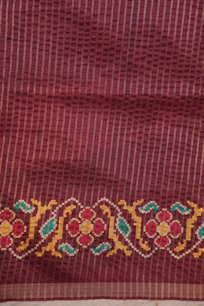 Semi Raw Silk Saree with Patola Prints & Striped Design – Maroon & Beige