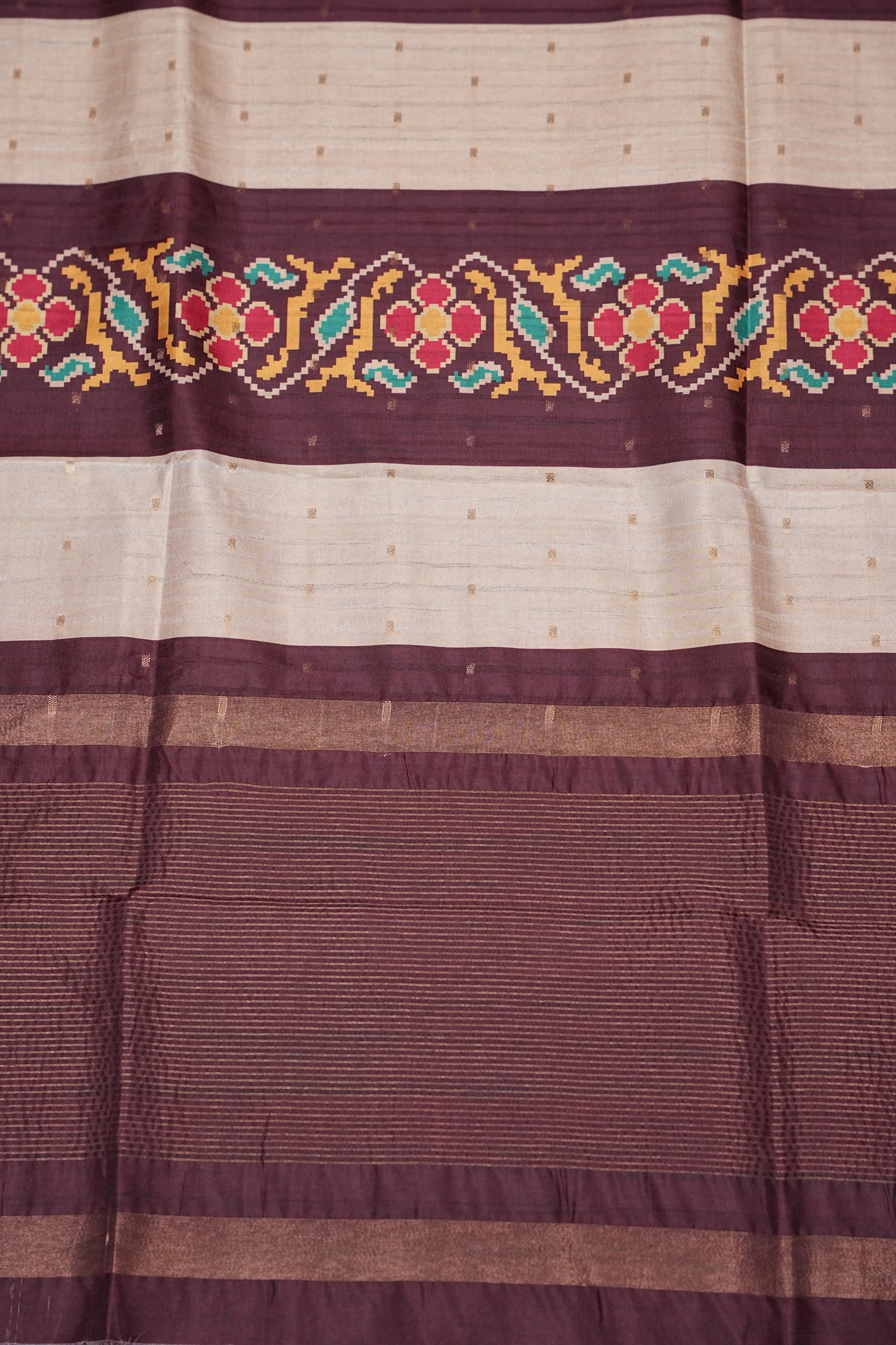 Semi Raw Silk Saree with Patola Prints & Striped Design – Wine & Beige