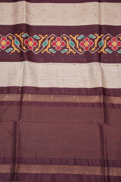 Semi Raw Silk Saree with Patola Prints & Striped Design – Wine & Beige
