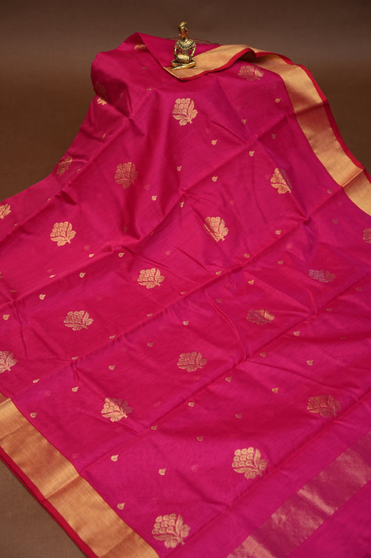 Pure Chanderi Silk Saree with Zari Buttas & Tissue Border - Bright Pink