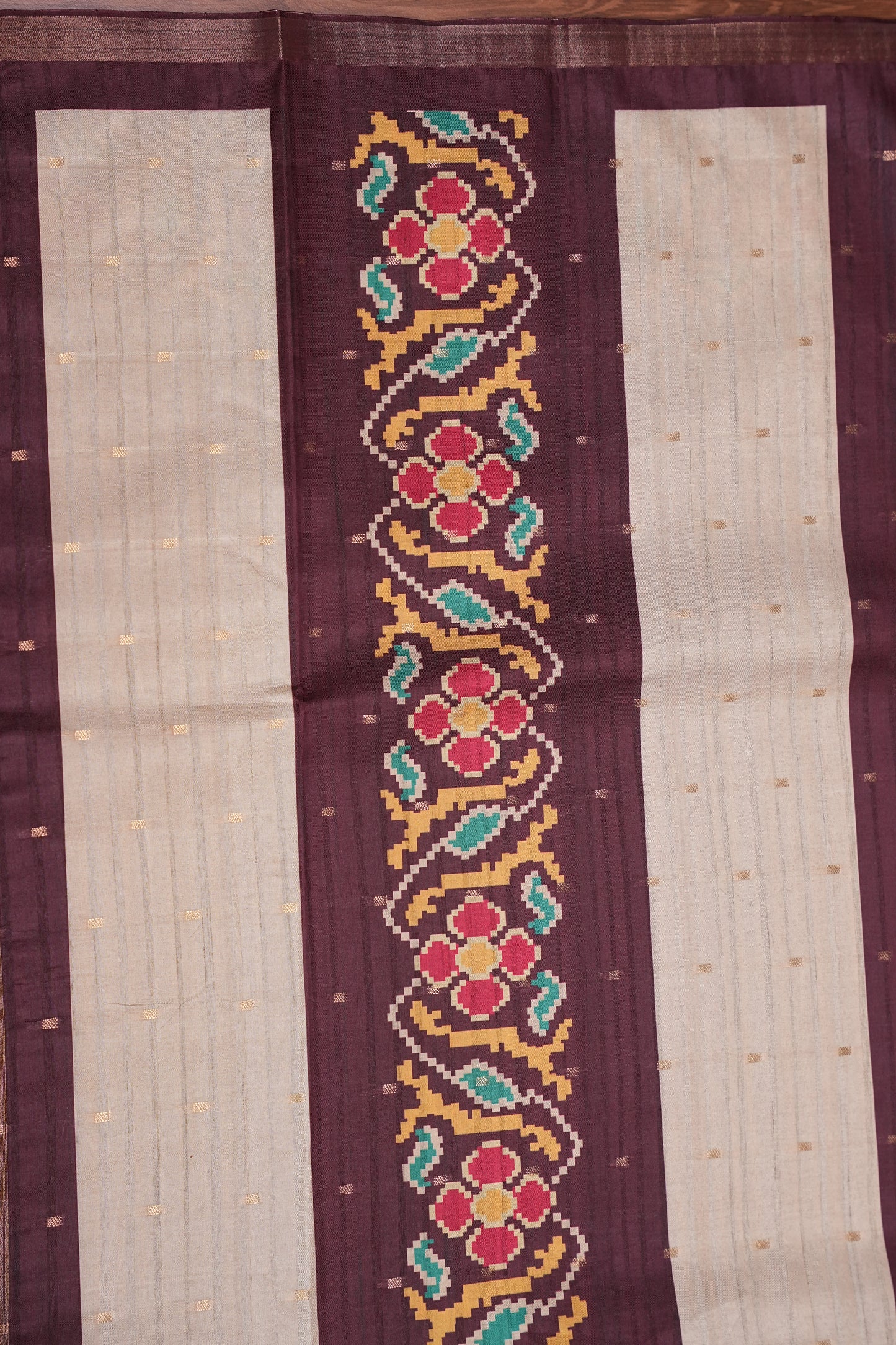 Semi Raw Silk Saree with Patola Prints & Striped Design – Wine & Beige