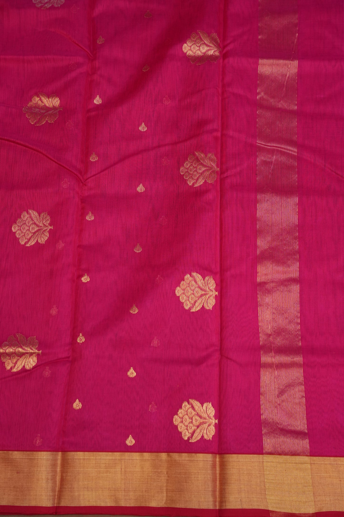 Pure Chanderi Silk Saree with Zari Buttas & Tissue Border - Bright Pink