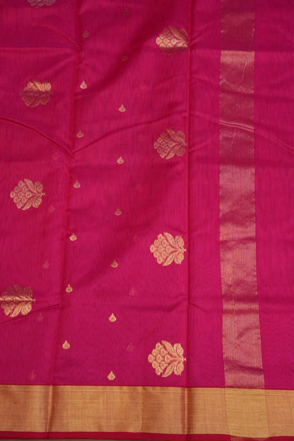 Pure Chanderi Silk Saree with Zari Buttas & Tissue Border - Bright Pink