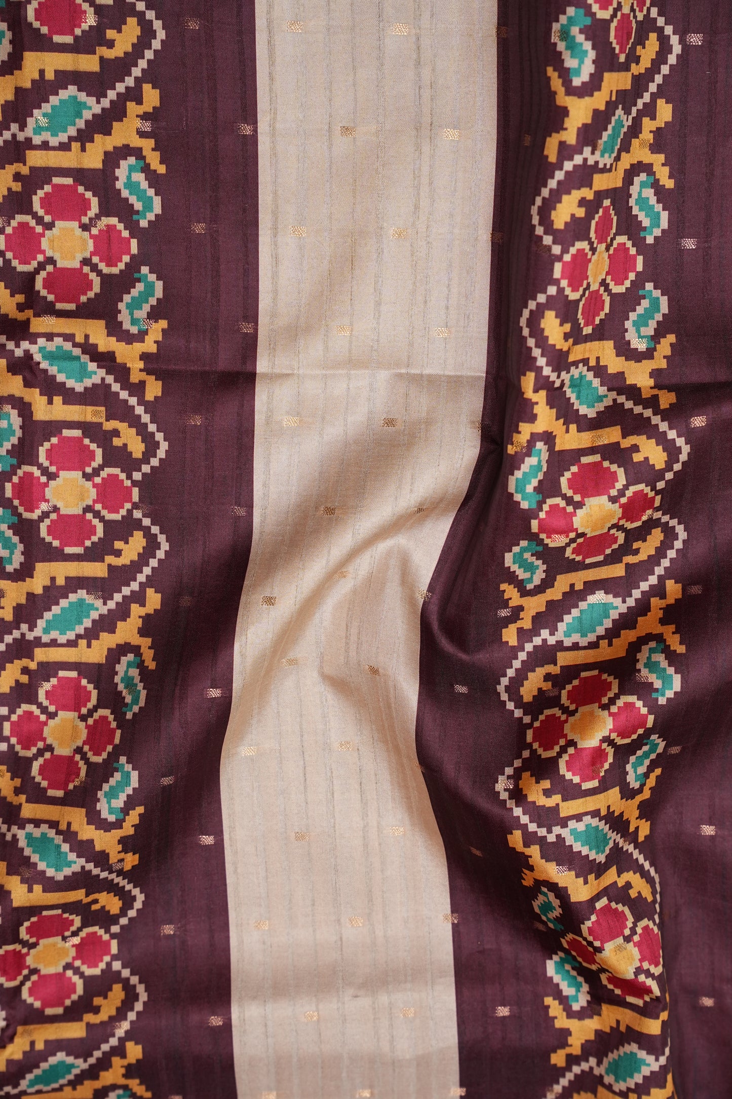 Semi Raw Silk Saree with Patola Prints & Striped Design – Wine & Beige