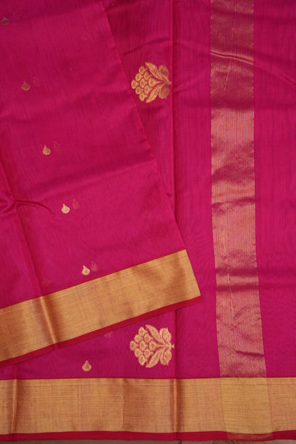 Pure Chanderi Silk Saree with Zari Buttas & Tissue Border - Bright Pink